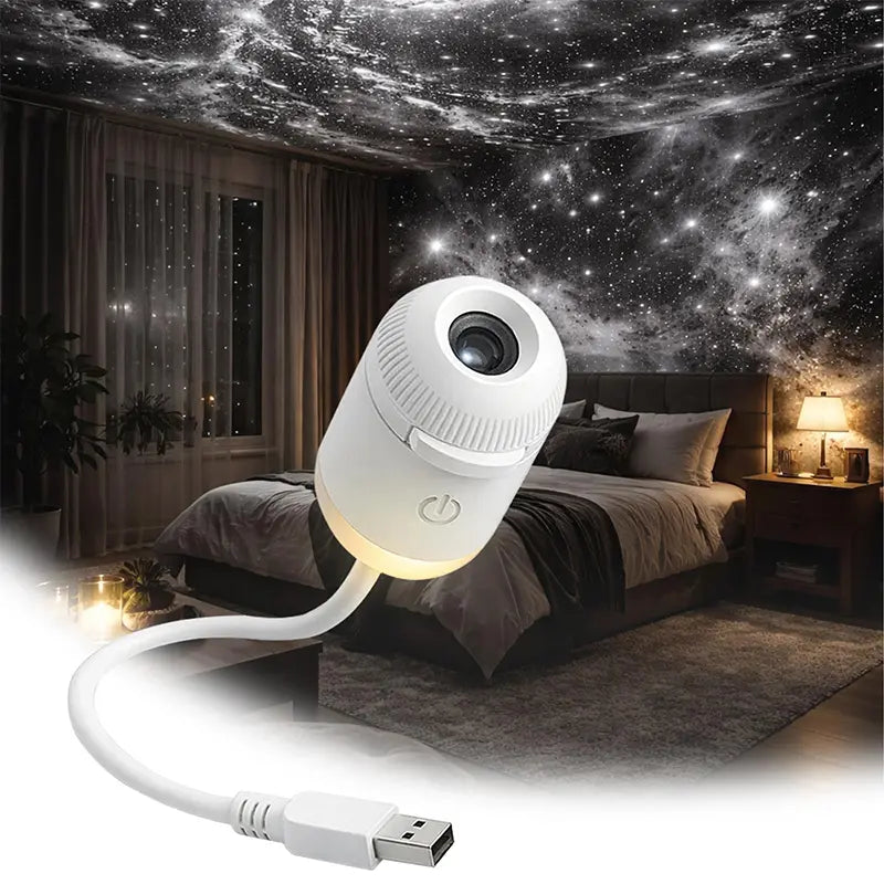 Aurora Star Projector casting a moving field of stars and nebula colors across a dark bedroom ceiling