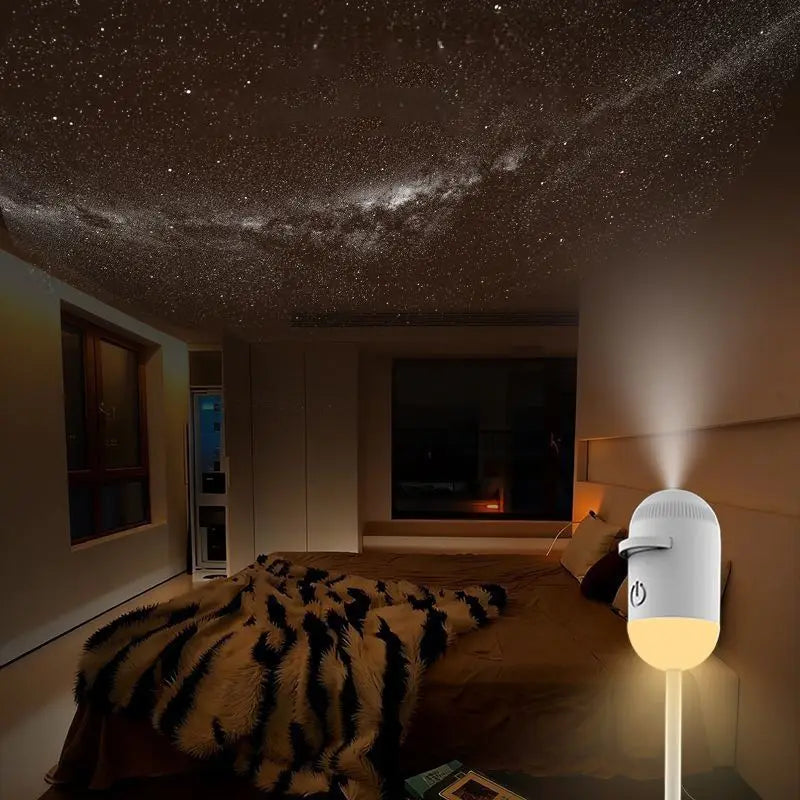 Aurora Star Projector set up on a nightstand next to a bed